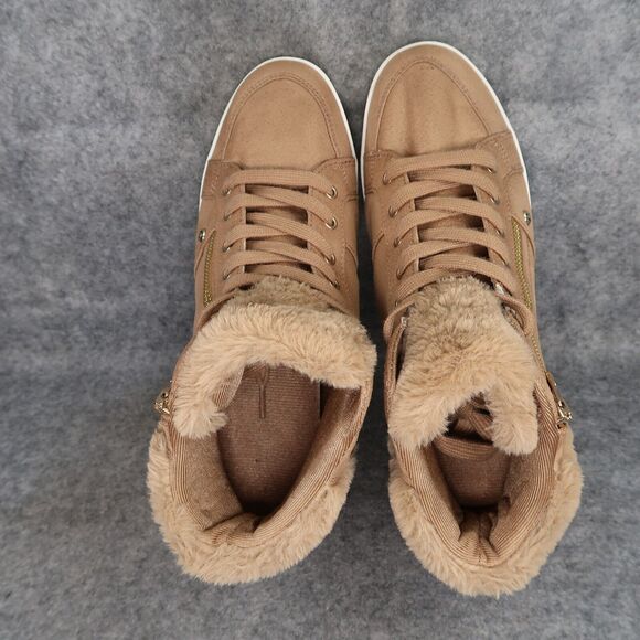 Guess Shoes Womens 9 Fashion Sneakers Hidden Wedge Lace Up Brown Faux Fur Casual - Picture 7 of 13